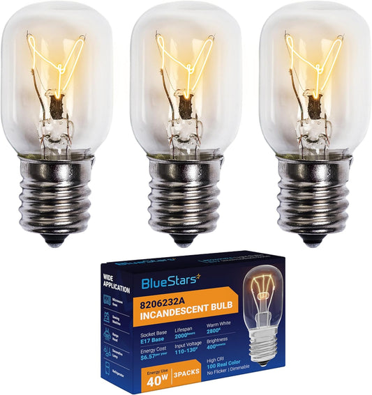 BlueStars 8206232A KEI 125V 40W Microwave Bulb E17 Base, Compatible with Whirlpool Microwave Light Bulb Under Hood, Lava Lamp, Salt Lamp Bulbs, Replaces 1890433 8206232 AP4512653, 3 Packs