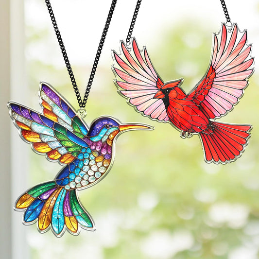 2 Cardinal Hummingbird Acrylic Suncatchers, 6" Bird Window Hanging Ornaments, Fall Decorations for Home Window Door, Birthday Christmas Bird Lover Gifts for Women, Friends, Memorial Keepsake SS351