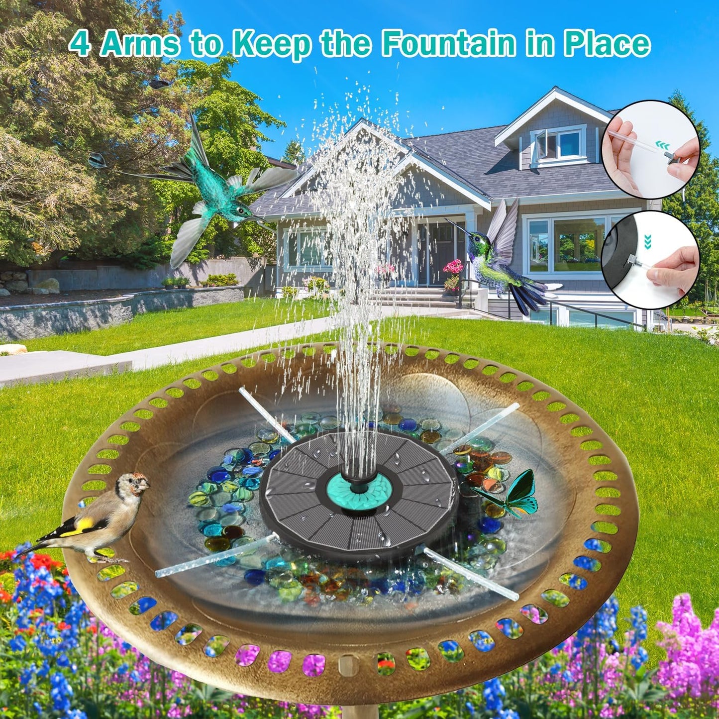 Solar Fountain Cyan Flower, Upgrade 3.5W Solar Bird Bath Fountains, Solar Powered Water Fountain with 7 Nozzles, 4 Fixed Pipes for Hummingbirds, Bird Bath, Garden, Pool, and Pond