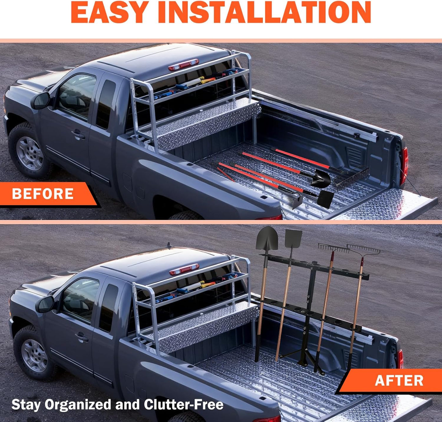 Trailer Tool Rack with Rubber Grommets & Reinforced Base –Heavy Duty 8-Hole Steel Shovel Holder Holds Shovels, Rakes, Hoes for Open Trailers, Trucks & Lawn Care Equipment