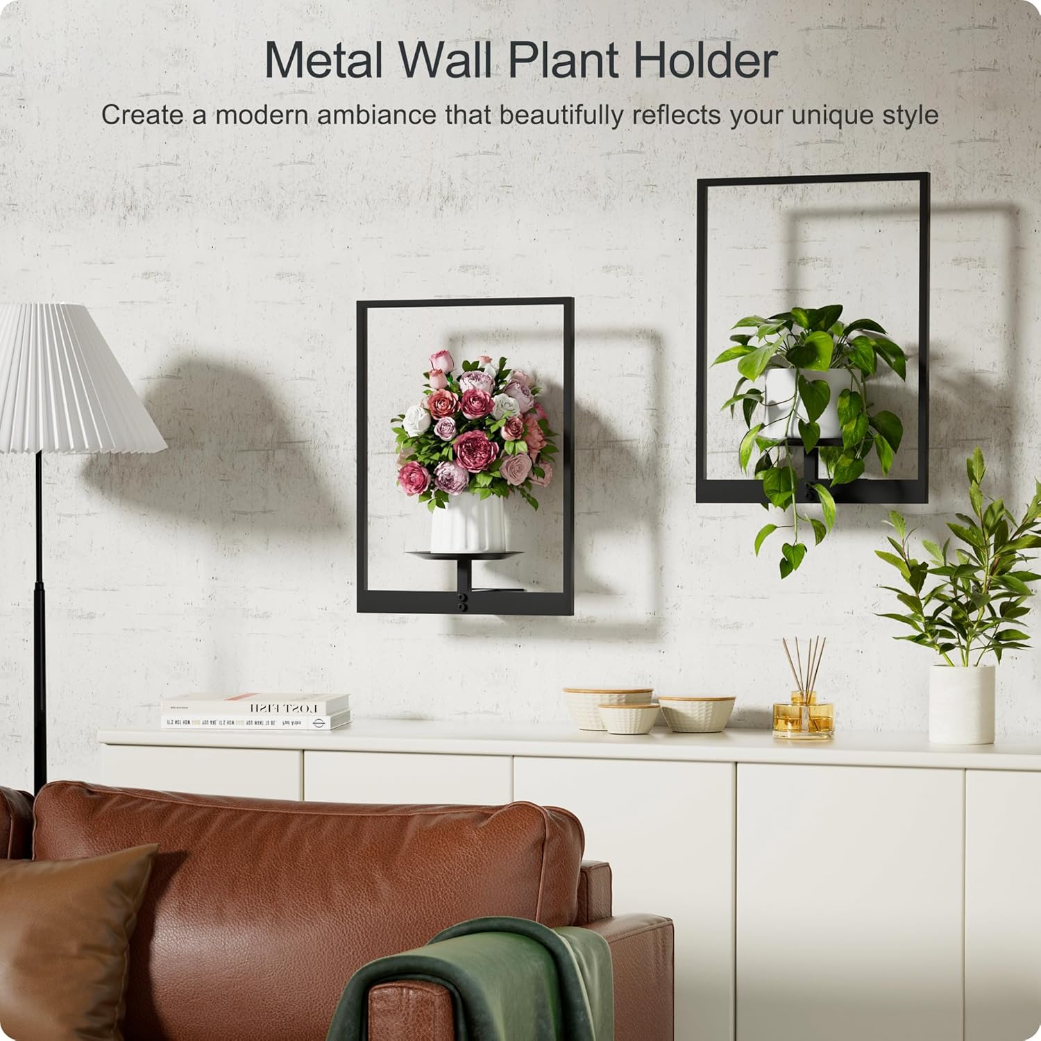 Black Metal Wall Plant Holder - 2-Pack Wall Mounted Plant Stands and H