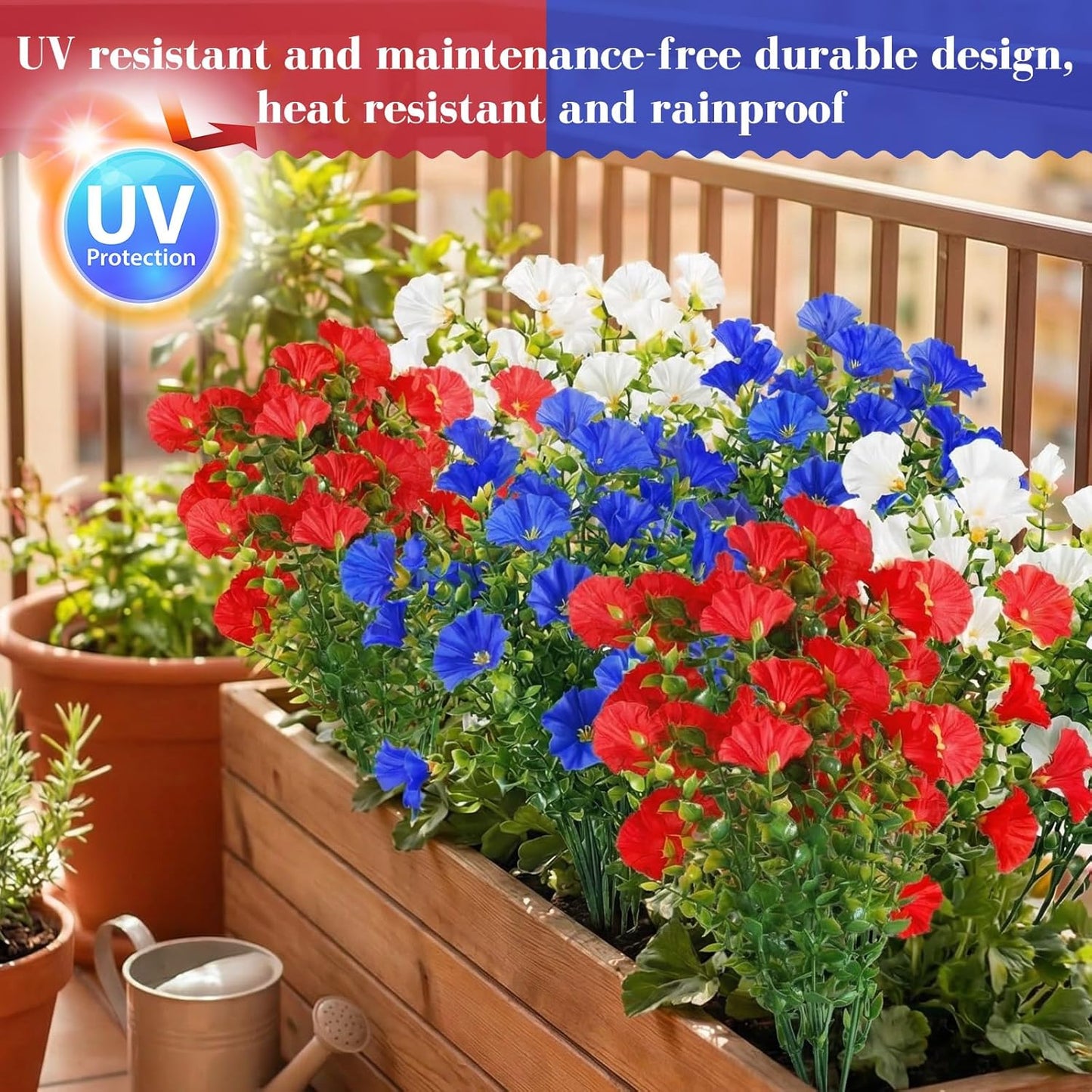 Dingion 12 Pcs Red White Blue Artificial Flower Petunias UV Resistant Patriotic Outdoor Decoration for July 4th Independence Day National Day Short Stem Plastic Flowers for Pot Window Planter Garden