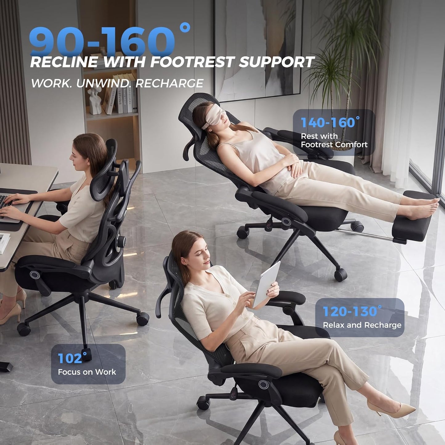 Ergonomic Office Chair with Footrest - Adjustable Lumbar Support & Hea
