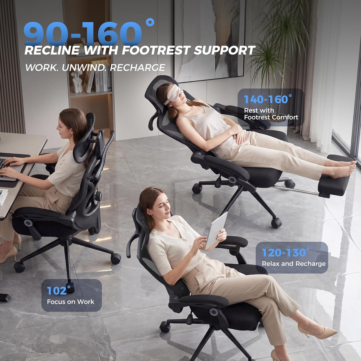 Ergonomic Office Chair with Footrest - Adjustable Lumbar Support & Hea
