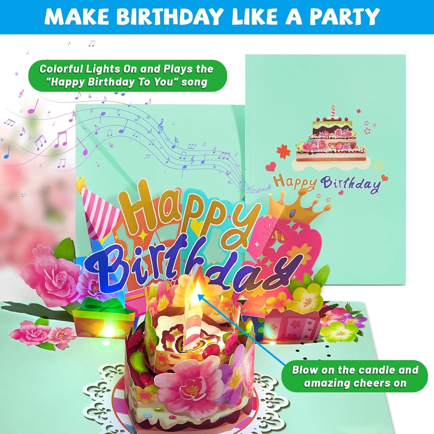 Airpark Pop Up Birthday Cards for Women with Blow-Out Candle, Music & 