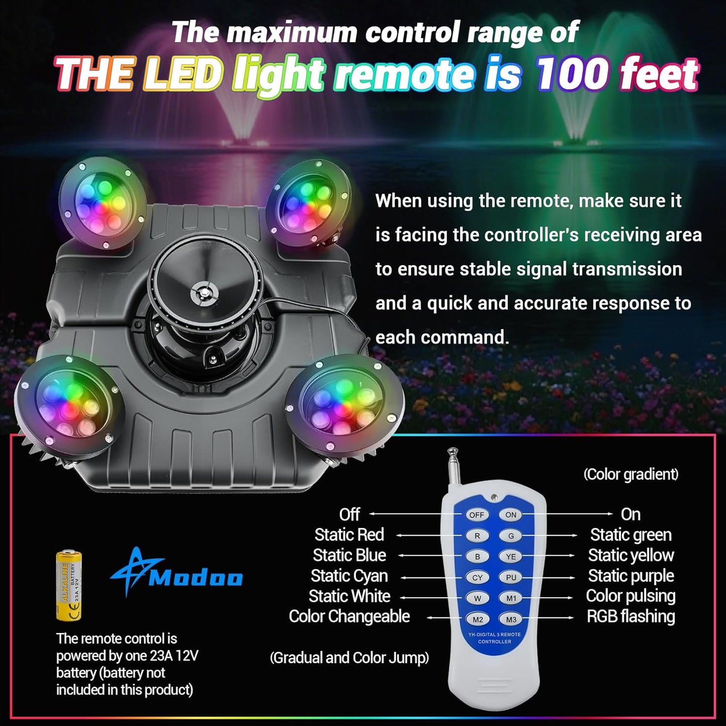 Pond Fountain Aerator with Lights Dynamic RGB Light 1HP 750W Floating Fountain for Pond Lake, 110V 15000 GPH Fully Automatic Stainless Steel Fountain Pump 100Ft Cord with 4 LED Lights and Nail, Rope