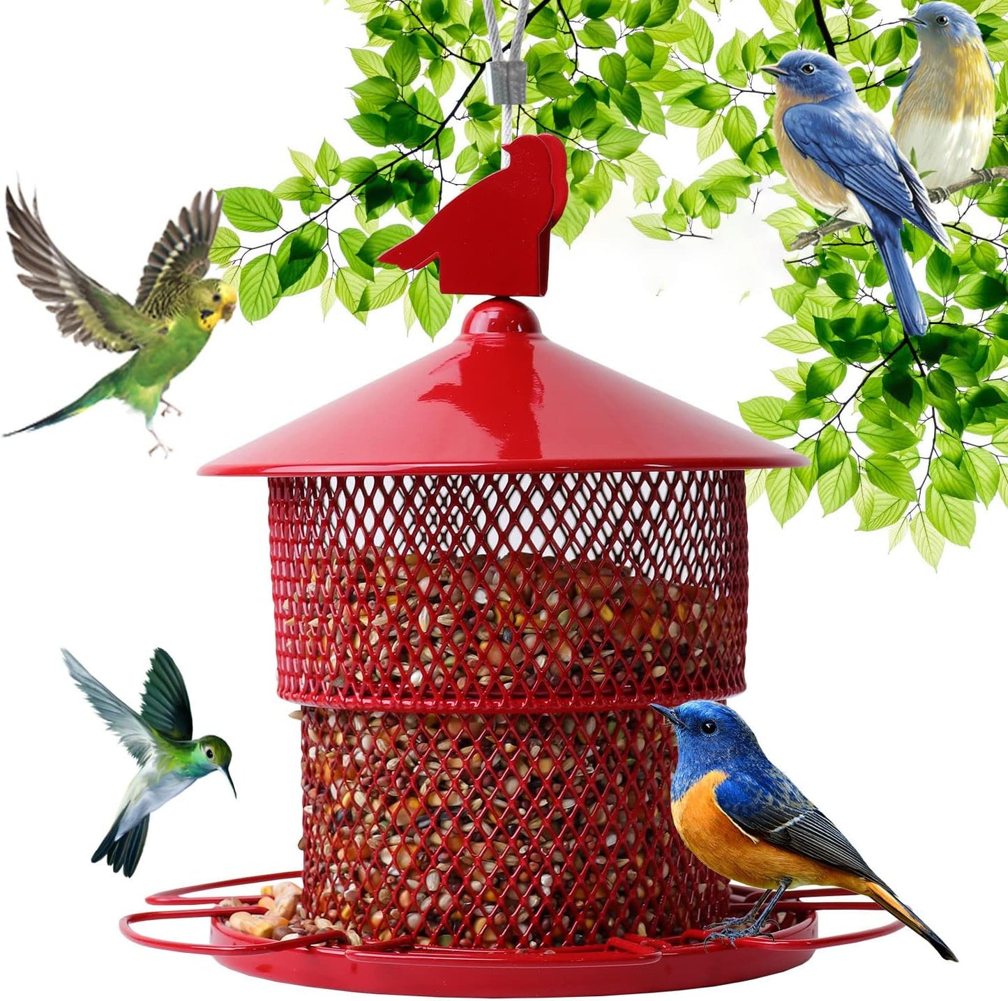 Metal Bird Feeders for Outdoor Hanging,Large Cardinal Bird Feeders Squirrel Proof Mesh Tube Wild Bird Feeder,Finch Seed Feeder with 4lbs Capacity for Chickadee Blue Jay(Red)