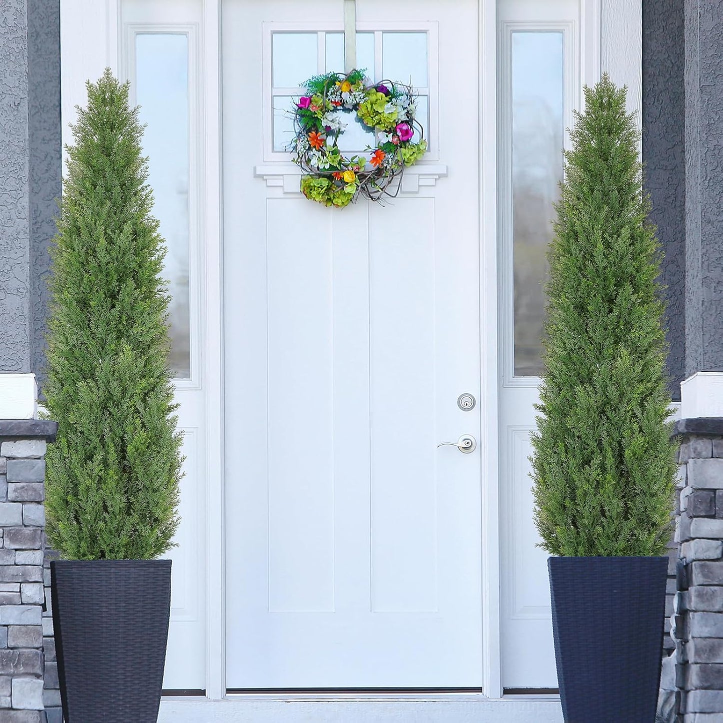 Artificial Cedar Topiary Trees, 5 FT Outdoor Faux Cedar Tree Evergreen Plant, 60 inch UV Rated and Fake Potted Cypress Tree Shrubs for Gateway Front Door Porch Balcony Yard Decor, Set of 2