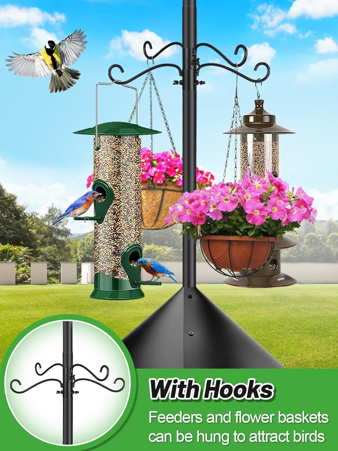 95 Inch Bird Feeder Pole with Squirrel Baffle - Adjustable Height Bird House Feeding Station Stand with Heavy Duty 5-Prong Anchor Shepherds Hook Hanger for Outdoor Garden Birds Watching