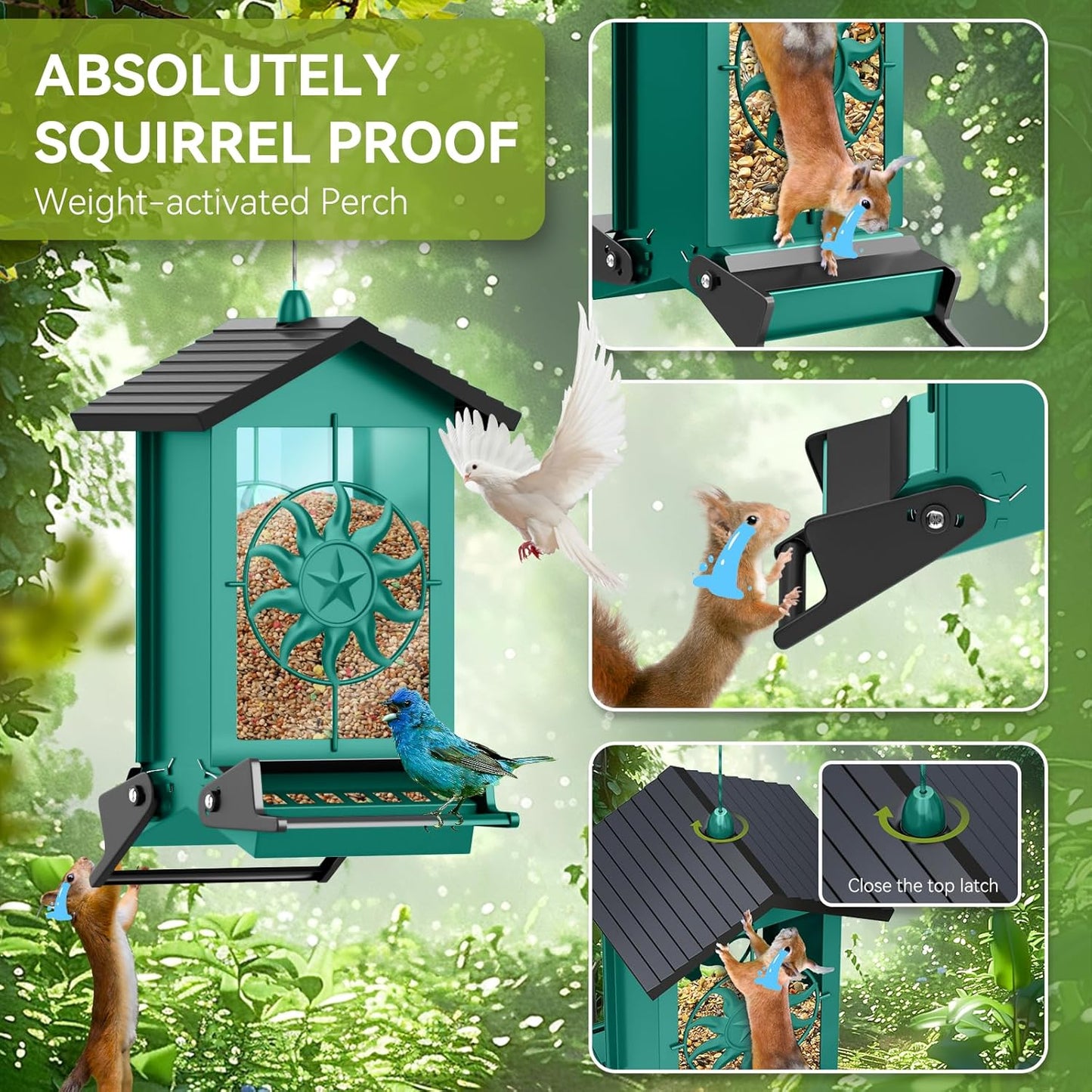 Metal Squirrel Proof Bird Feeders for Outdoors Hanging with Weight Activated Perches, 5LB Large Weatherproof Wild Bird Feeders for Cardinals, Blue Jay, Finch, Durable Backyard Feeders -Green