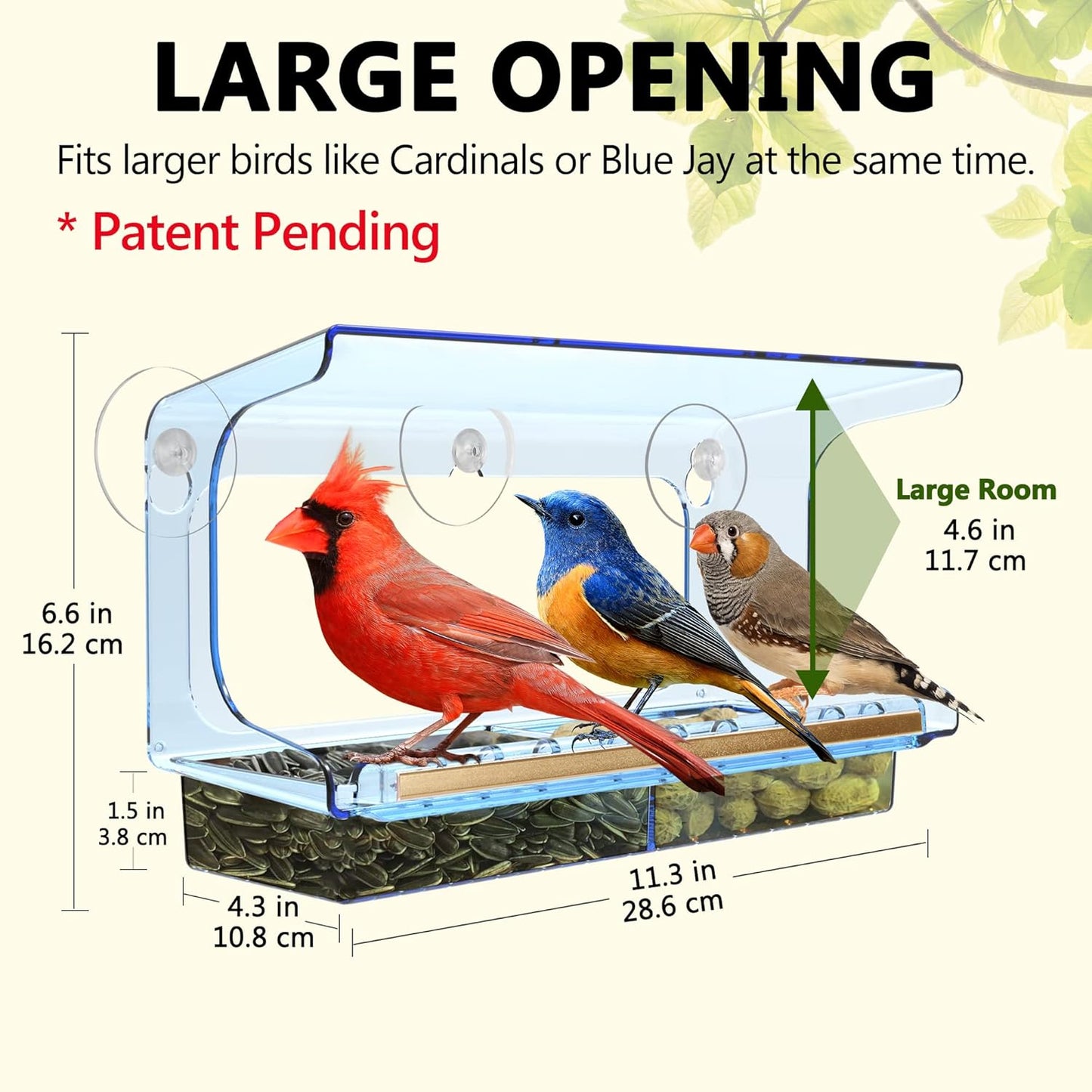 LUJII Blue Window Bird Feeder with 5 Super Strong Suction Cups, All One Piece Construction, Removable Seed Tray, Accommodates Large Birds Like Cardinals or Blue Jay for Outside Wild Bird Feeding
