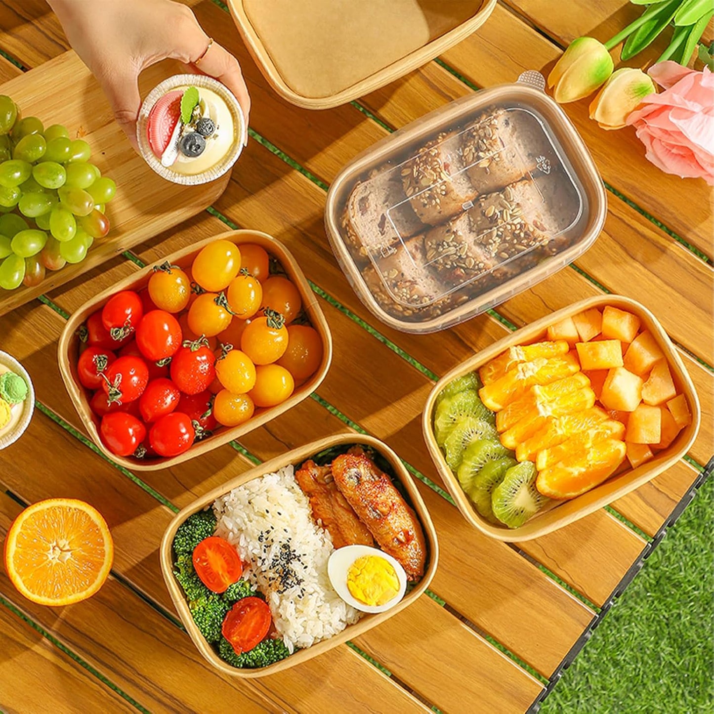 50-Pack 29oz Disposable Kraft Paper Bowls【with Lids and Forks】,Meal Prep Containers Disposable To go Food Containers for Easter Parties Take Out Containers, Microwave Safe for Hot/Cold Food