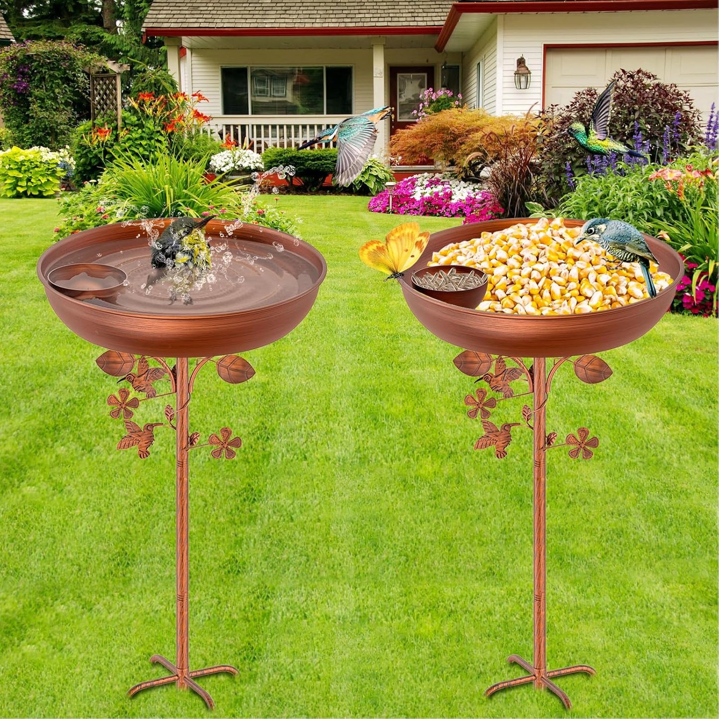 Metal Bird Bath for Outdoors Garden Birdbath Bowl, 39.6" Height Bird Feeders for Outside with 5 Prongs Base Stake, Standing Birdfeeders for Yard Lawn Decor (Vintage Copper-2-in-1)