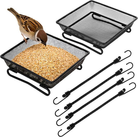 Set of 2 Metal Platform Bird Feeder Tray with 4 Fixed Elastic Rope for Outdoor,7 inch Deck Railing Bird Feeder Tray for Balcony, Backyard,Rust Resistant Design for Wild Birds or Squirrels, Square