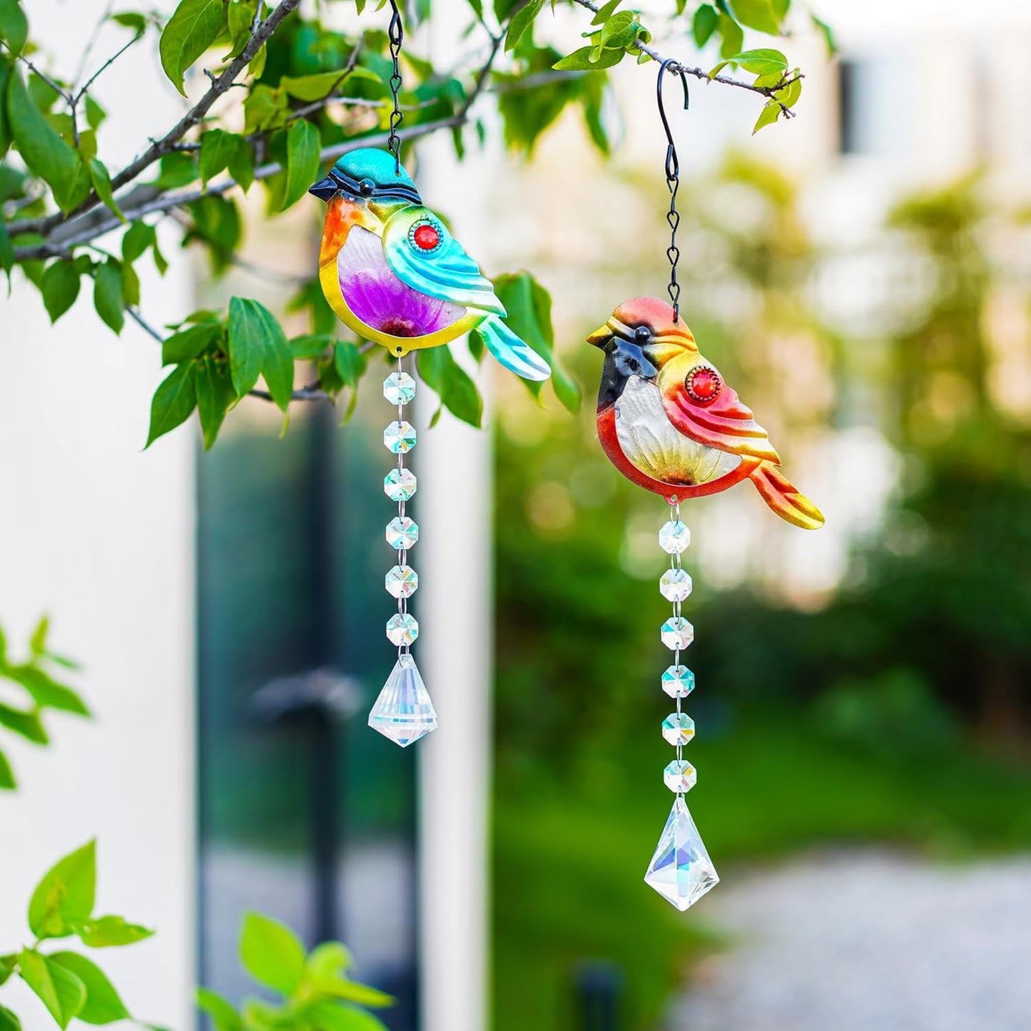 Set 2 Stained Glass Little Birds Suncatchers Rainbow Maker Crystal Prisms Hanging Suncatcher for Window Colorful Metal Birds Wall Art Fence Decorations Ornament for Christmas Tree