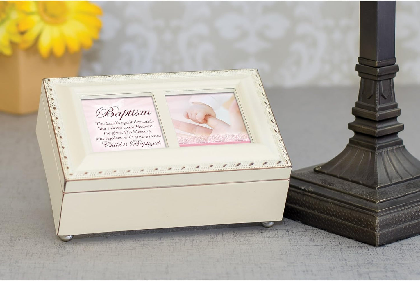 Cottage Garden Baptism Spirit Descends Like a Dove Matte Ivory Jewelry Music Box Plays Jesus Loves Me