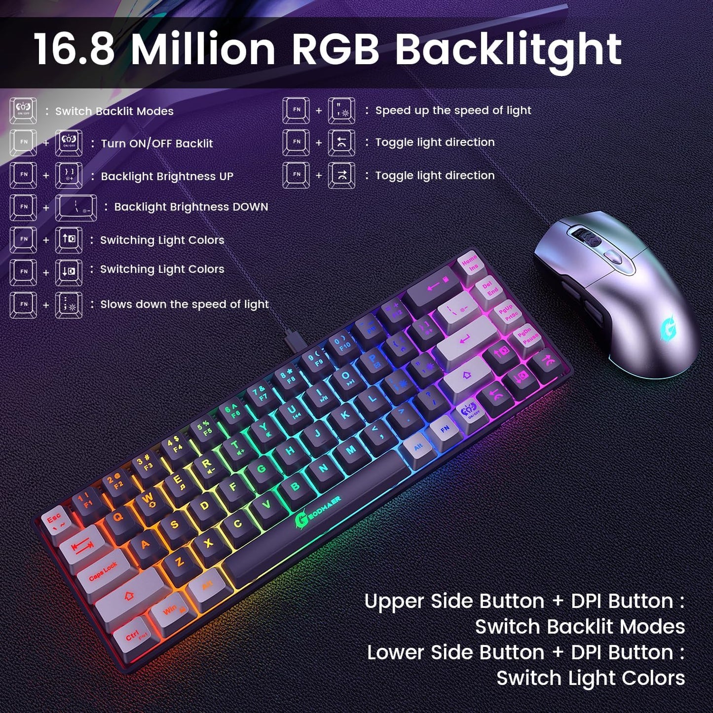 65% Gaming Keyboard and Mouse Combo, RGB Backlit Keyboard + 7200 DPI G