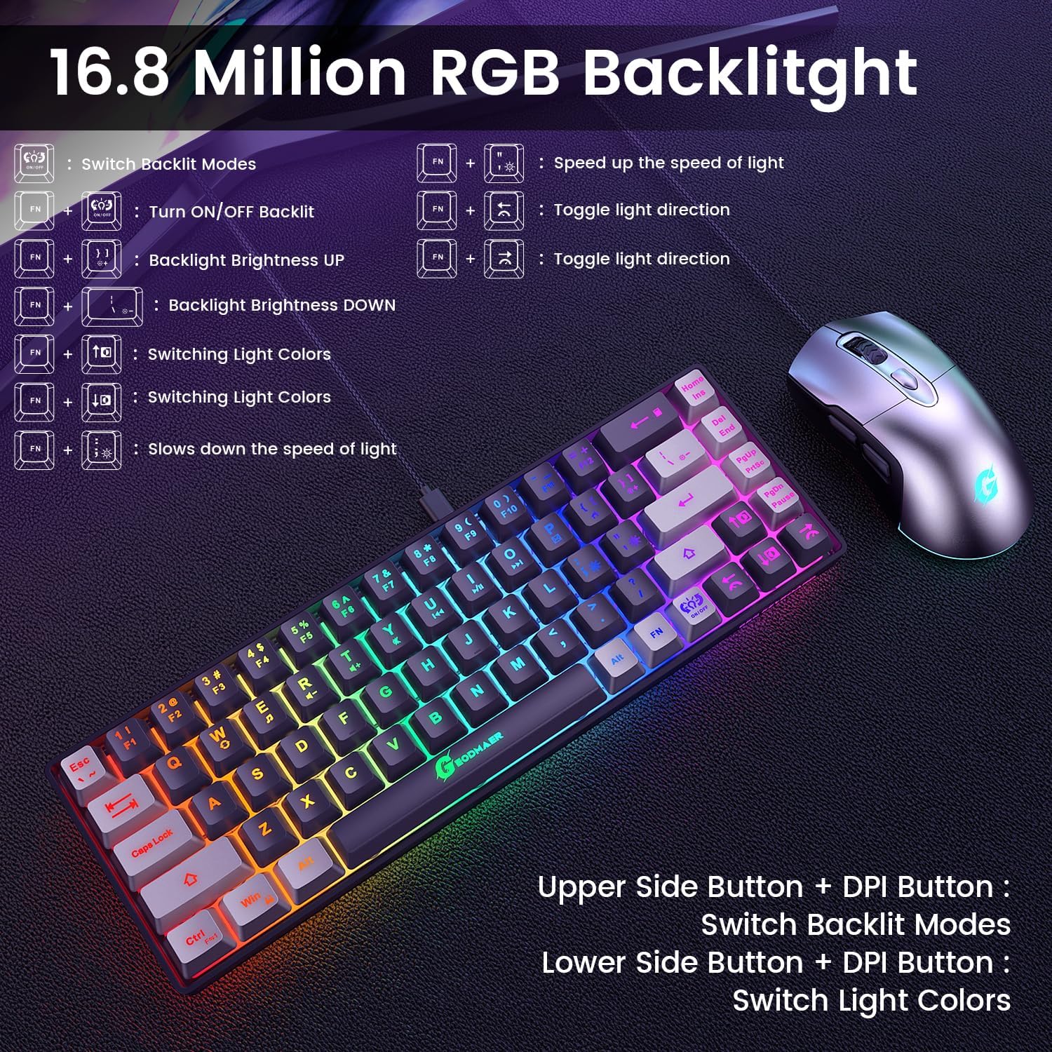 65% Gaming Keyboard and Mouse Combo, RGB Backlit Keyboard + 7200 DPI G