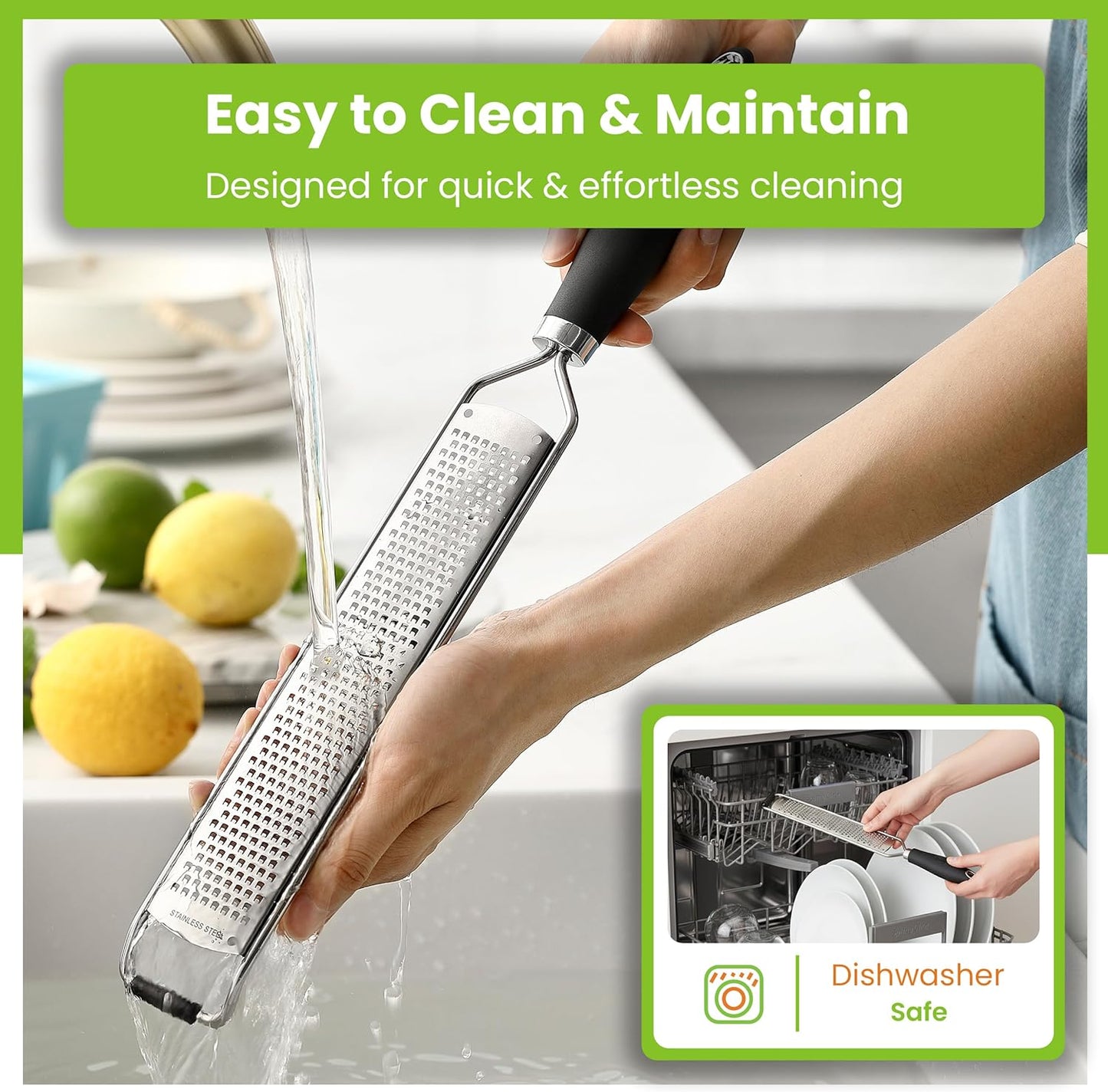Spring Chef Stainless Steel Lemon Zester Grater with Handle - Garlic, Cheese, Parmesan, Nutmeg, Lime, Ginger Grater - Heavy Duty Kitchen Tool - Citrus Zester with Blade Cover - Fine Shred - Black