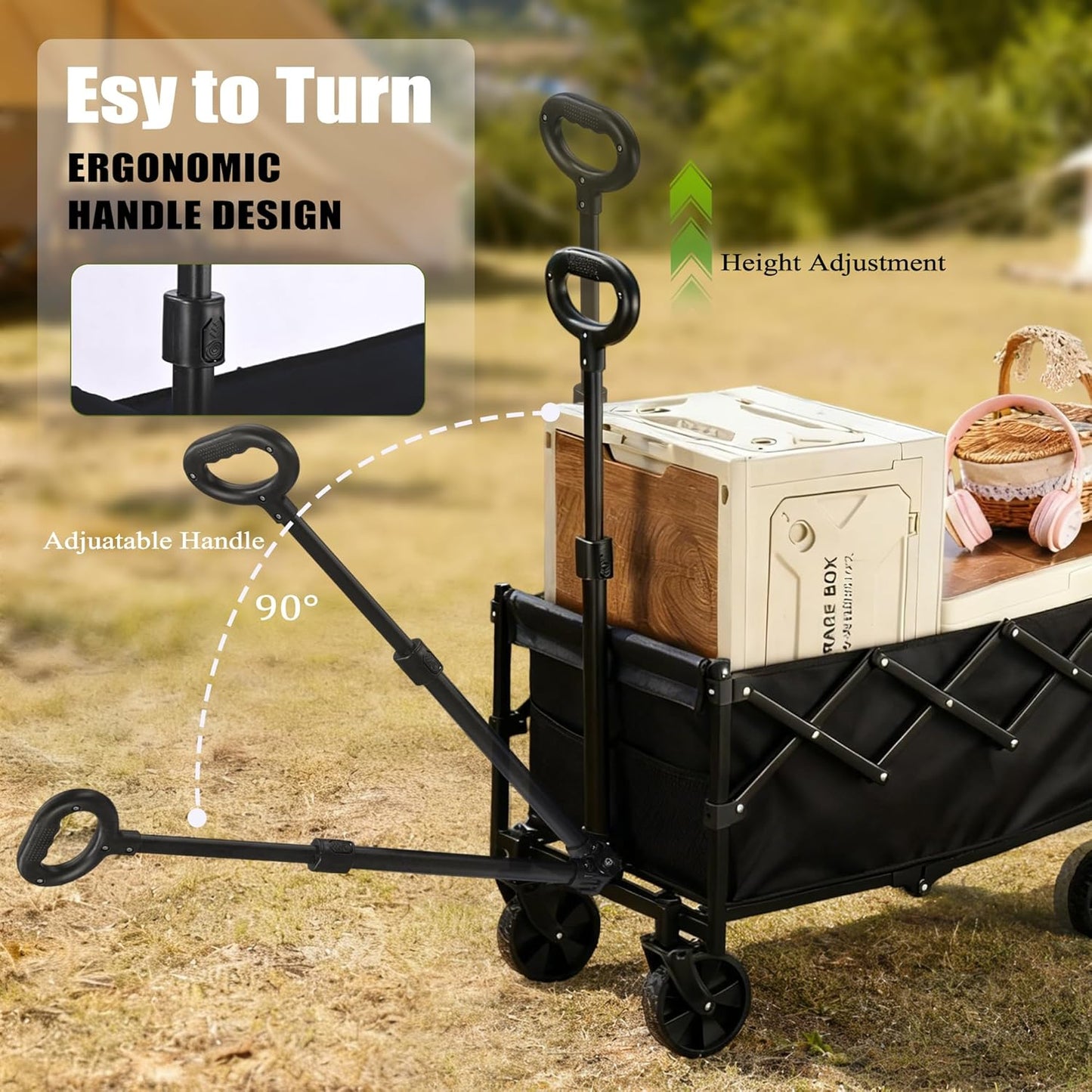 XMT 100L Folding Wagon Cart Push & Pull Beach, 350 lbs Weight Capacity Heavy Duty Folding Beach Wagons with Big All-Terrain Wheels & Drink Holders for Groceries, Shopping, Camping, Sports - Black