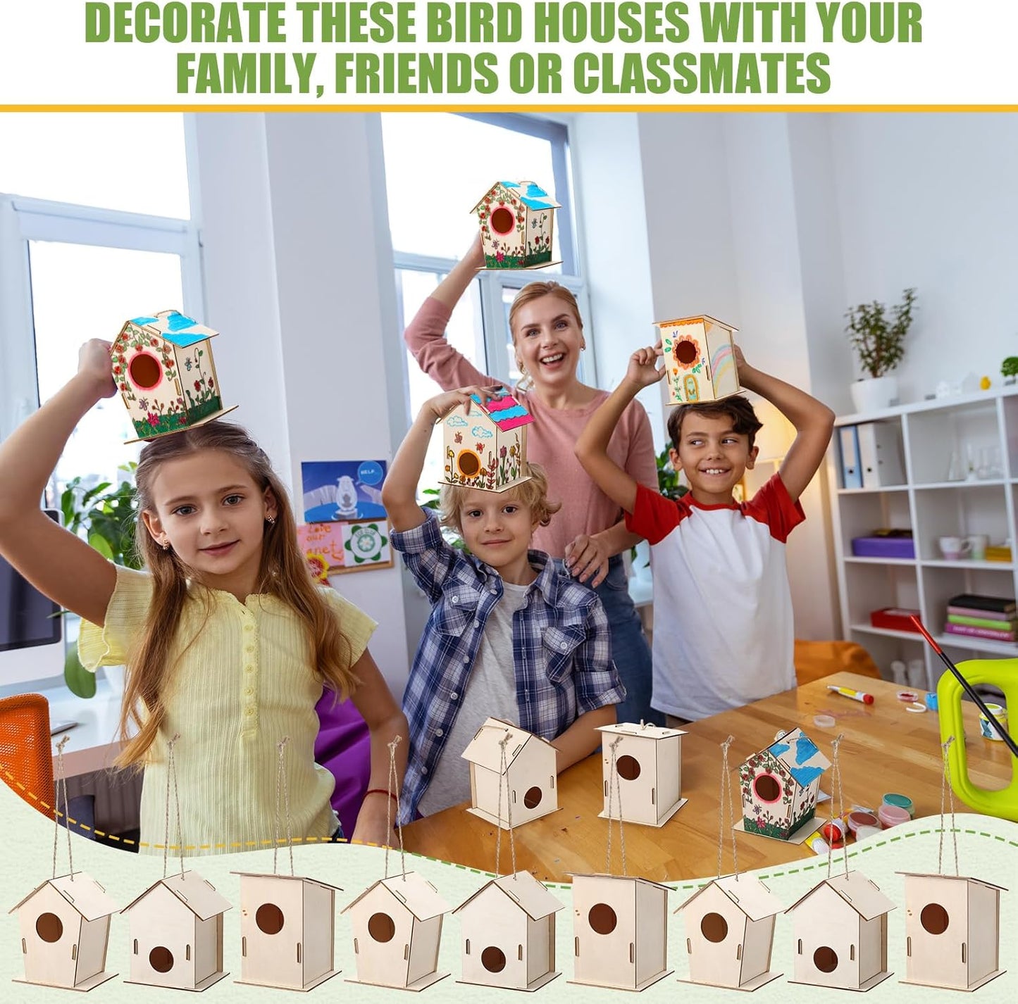 DoubleFill 48 Pcs Bulk Wooden Bird Houses Kits for Kids DIY Bird House Kit Unfinished Wood Birdhouse Wooden Crafts to Paint, Build, and DIY for Valentines Crafts Classroom Activity, 3 Styles
