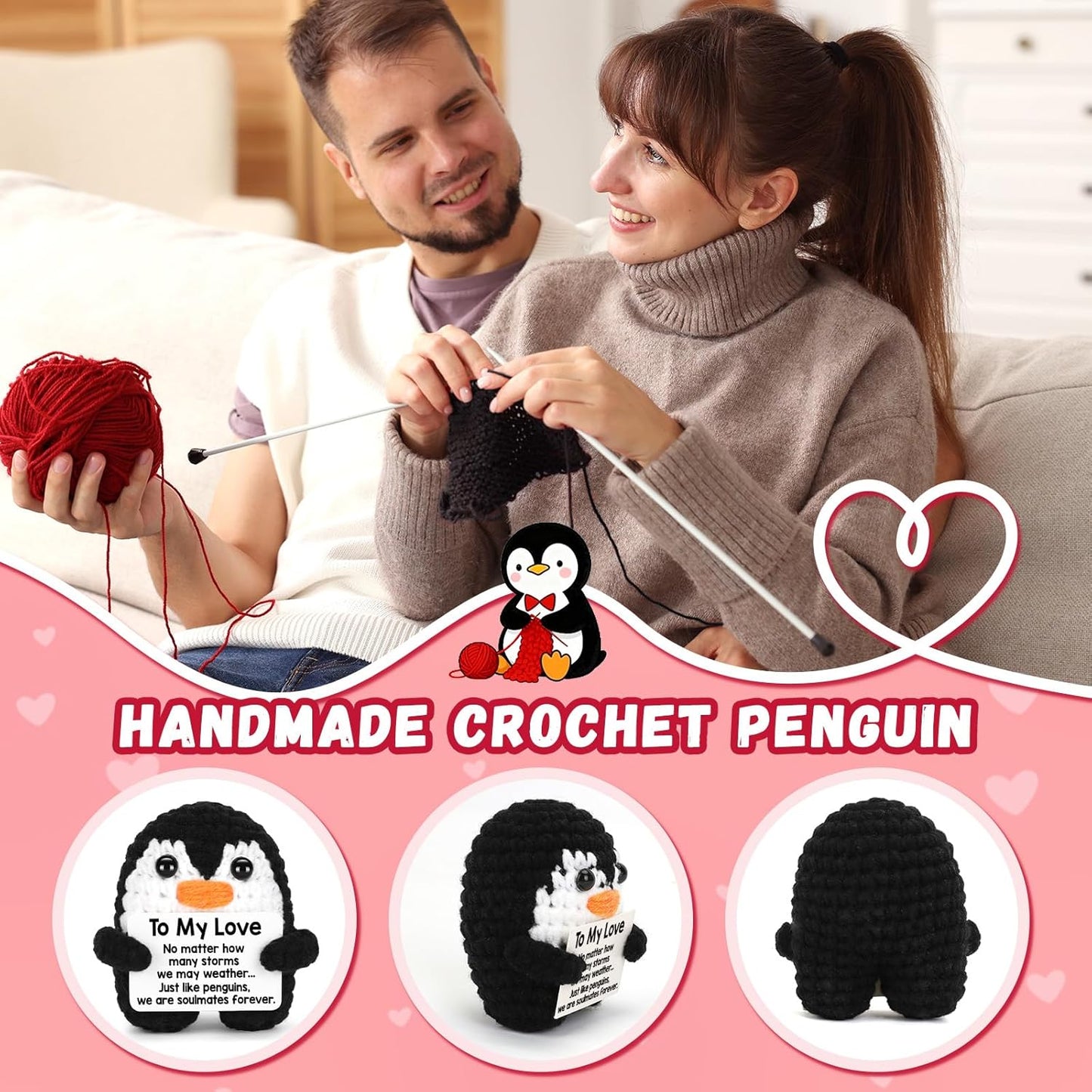 Gifts for Him Her Boyfriend Girlfriend, To My Love Handmade Crochet Mini Penguin Anniversary Birthday Gifts for Women Men, Romantic Valentines I Love You Gifts for Wife Husband Couples Cute Decor