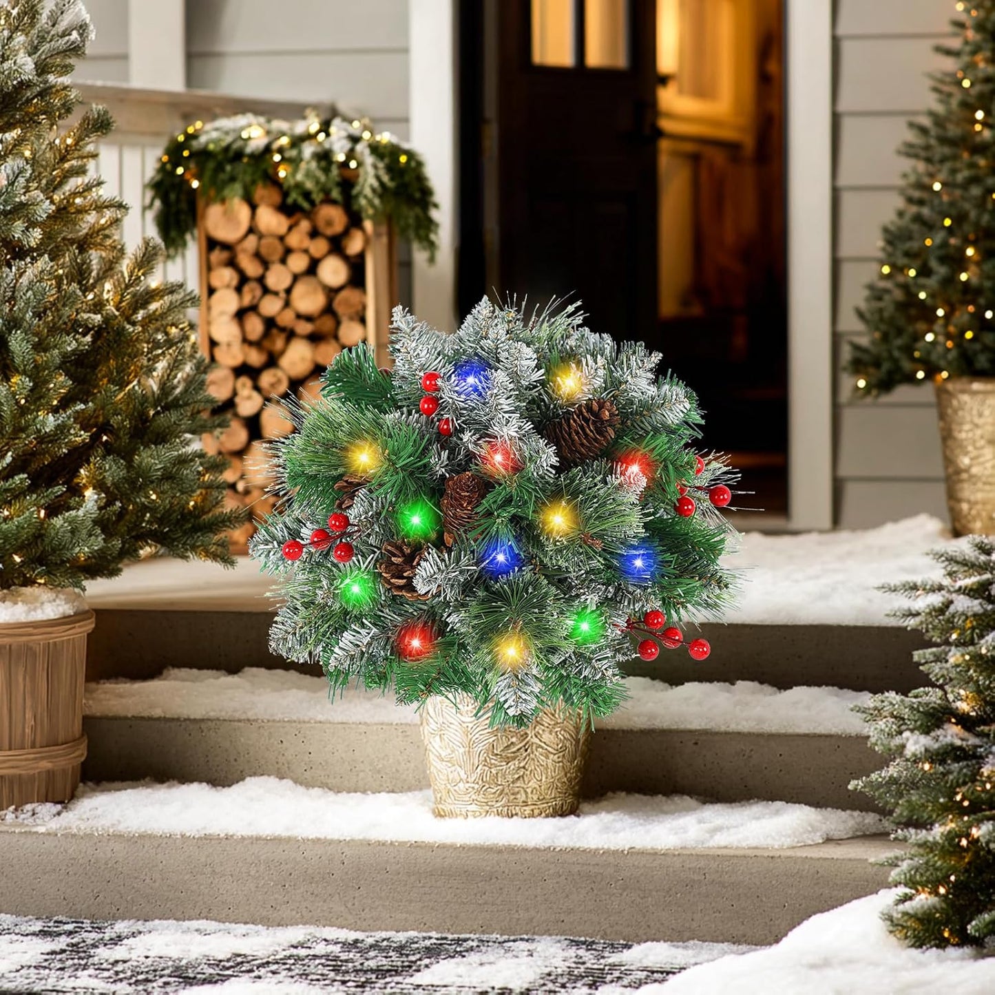 Lighted Artificial Christmas Urn Filler, 2 Pack Small Xmas Pine Tree Outdoor Decorations with Cones, Red Berries & 50 LED Lights, Light Up Planter Filler Decor for Porch Yard, Garden, Cemetery
