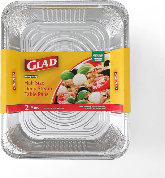 Glad Disposable Half Size Aluminum Steam Pans, Deep Heavy Duty Foil Pans for Steaming, Baking, Roasting, Meal Prep, Catering & Freezer Storage, 12.5 x 10.25 x 2.5 Inch, 2 Count