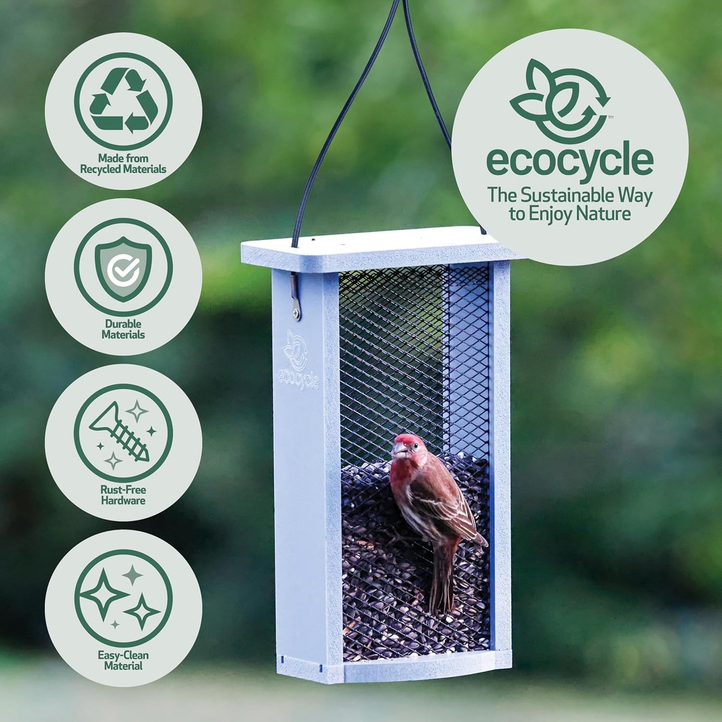 Mesh Morsels Recycled Plastic Mesh Bird Feeder for Wild Birds and Outdoor Décor, Dual-Sided Feeding & Removable Mesh Panels, 1.375 Quart Quart, Blue