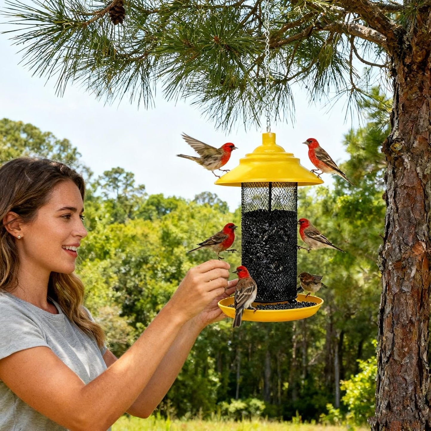 Finch Feeders for Outside, Metal Mesh Food Container Tube with Tray, Wild Bird Feeders, Durable Outdoor Feeding Solution, for Yard Patio Balcony Porch Tree Fence Window Viewing
