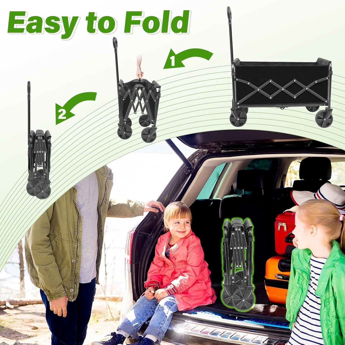 Wagons Carts Foldable - Collapsible Folding Wagon, Portable Folding Wagon Cart with Wheels, Outdoor Utility Carts for Groceries, Camping, Sports, Shopping, Garden, Black