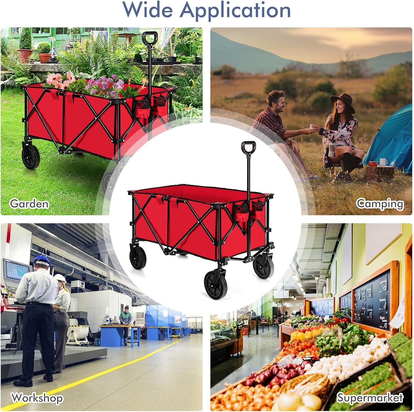 S AFSTAR Folding Wagon Cart, Collapsible Garden Wagon w/Adjustable Handle & Universal Wheels, Heavy Duty Folding Utility Cart for Agricultural Material Toy Grocery, Load Capacity up to 180Lbs (Red)