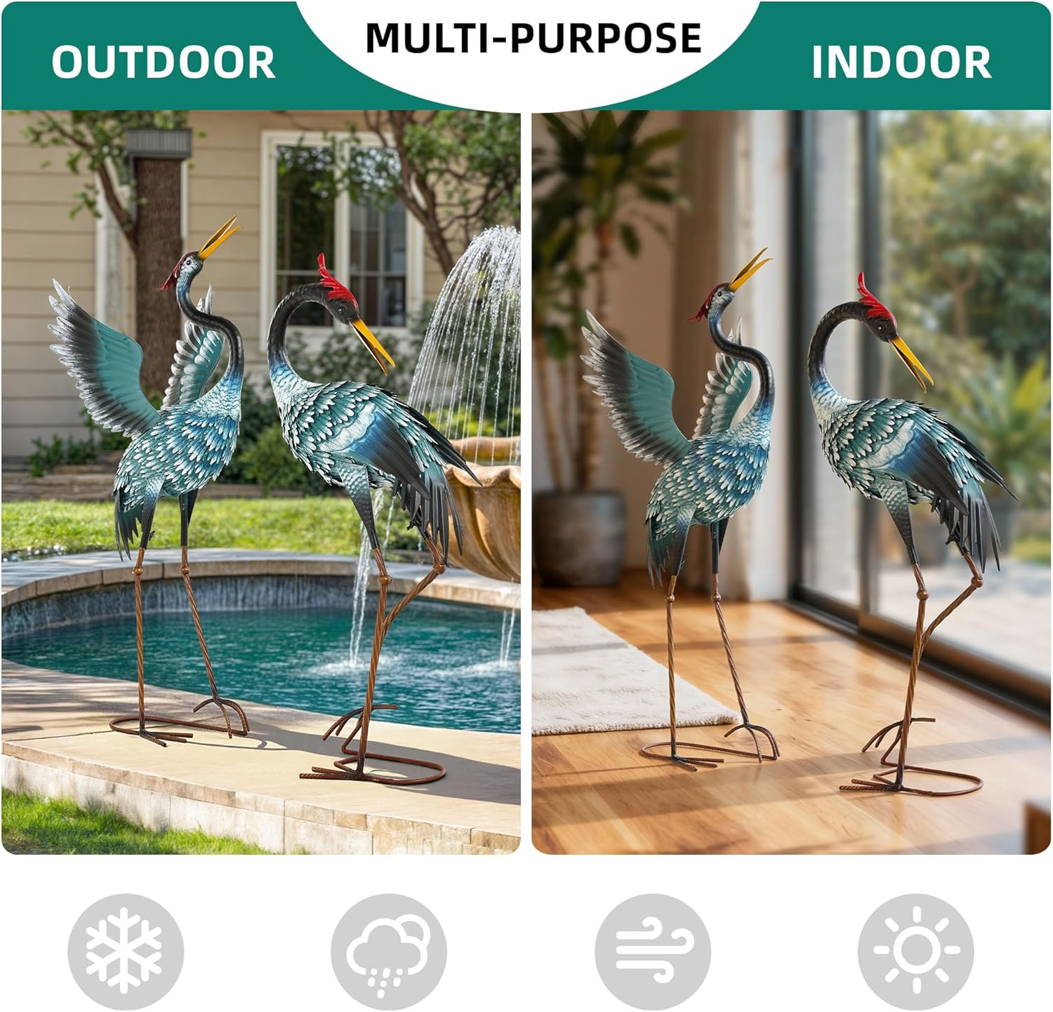 36.8" Metal Crane Garden Statue, Handcrafted Extra-Large Blue Heron De