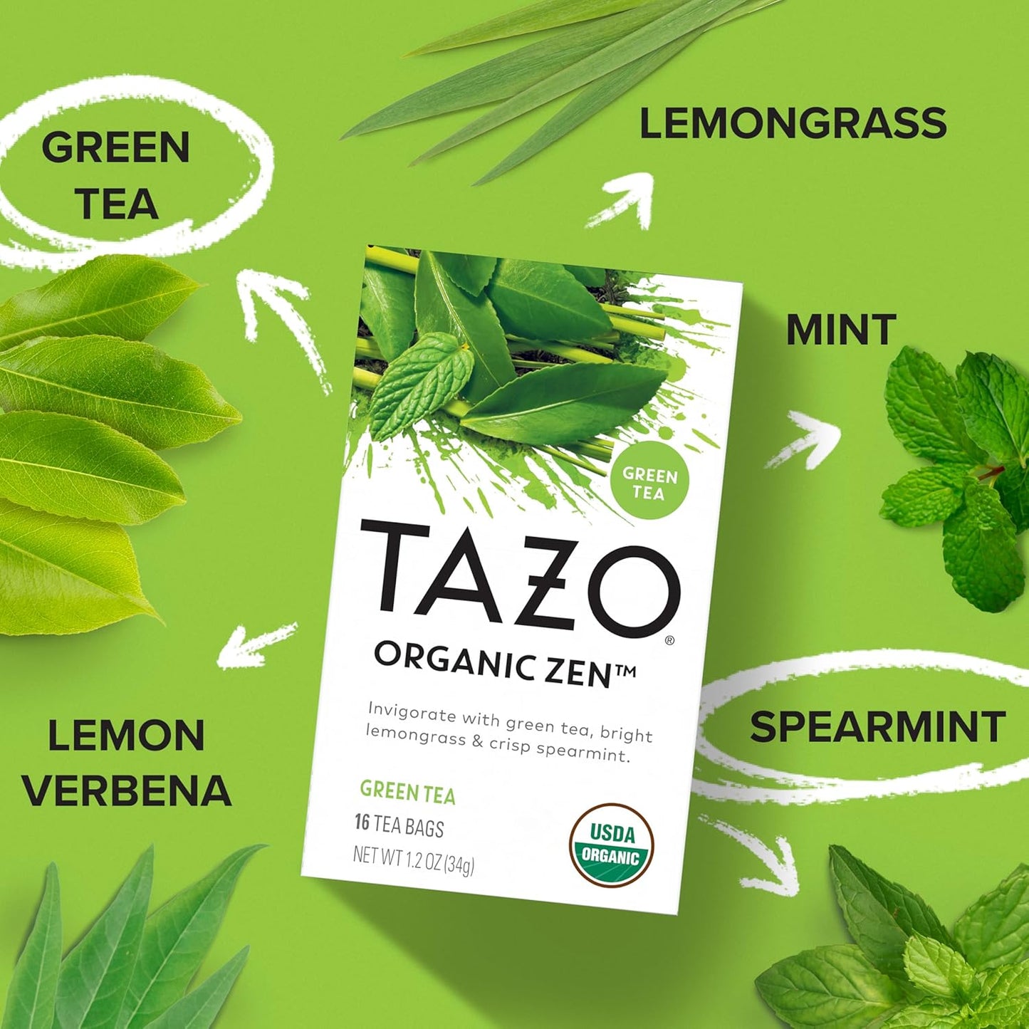 TAZO Organic Zen Green Tea, Caffeinated Tea with Refreshing Lemongrass