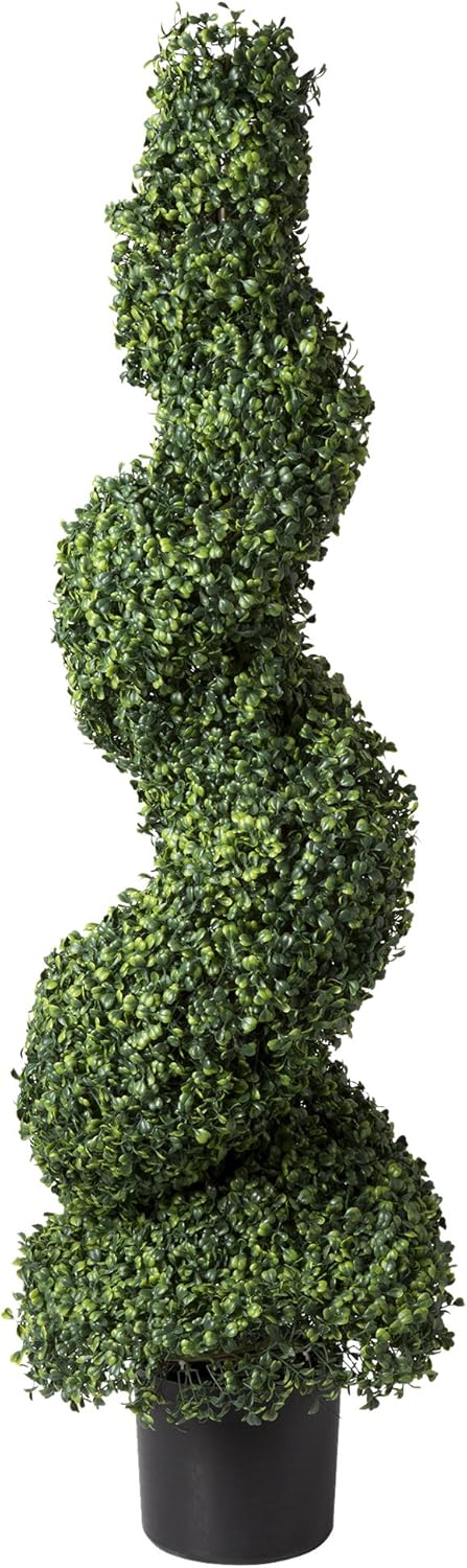 Faux Tree Boxwood Topiary Plant - 50-Inch Artificial Spiral Plant with Realistic Leaves and Planter - For Indoor and Outdoor Home Decor by Pure Garden