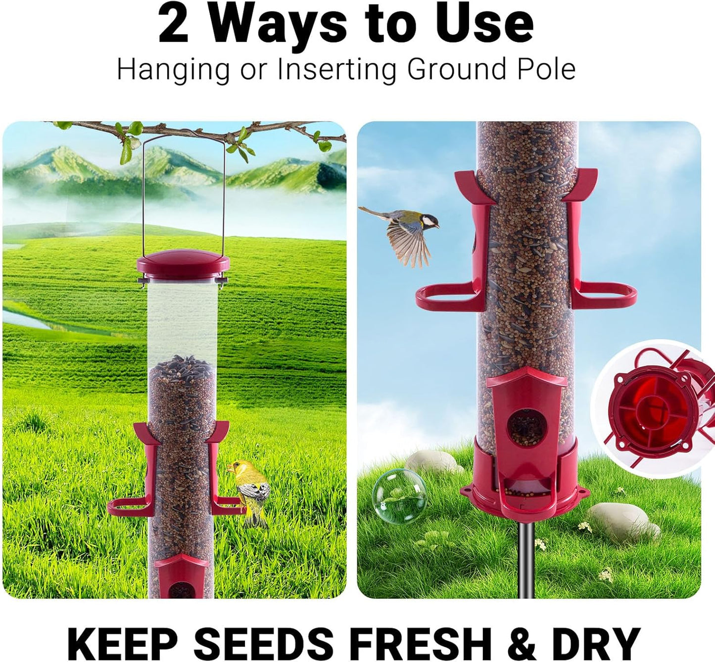 Tube Bird Feeder for Outdoors Hanging Finch Feeders for Outsides Metal 4 Ports & U Perches Squirrel Chew Proof, Removable Base, Easy to Fill & Clean, Red Attracts More Wild Birds