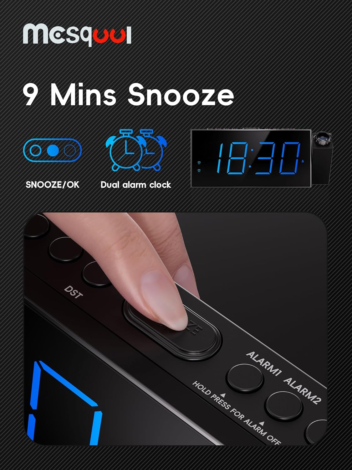 Digital Projection Alarm Clocks for Bedrooms - Large LED Display, 180°