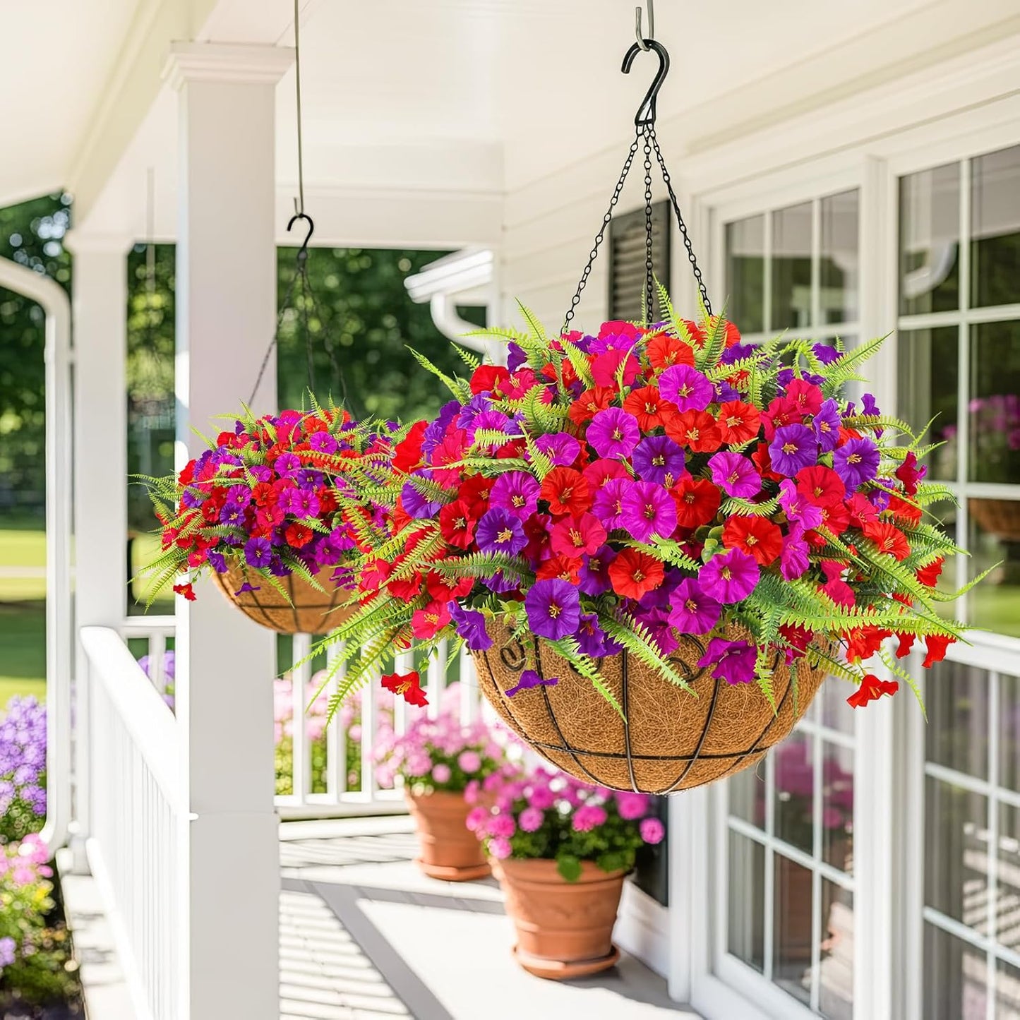 Artificial Flowers for Outdoors 12 Bundles Artificial Petunias Fake Flowers UV Resistant Shrubs Plants with Fern for Indoor Outside Hanging Planters Home Garden Spring Summer Decorations