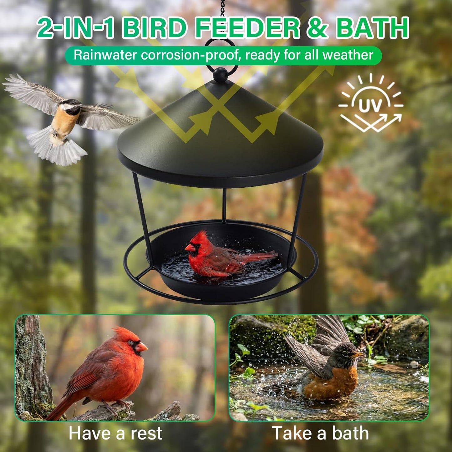 Bird Feeder for Outdoor Hanging，Hanging Bird Feeder with Roof，Elegant Garden Sculpture with Multi-Use Bird Bath and Feeder with Chain and Hook，Creative Decor for Patio, Balcony, Yard & Home