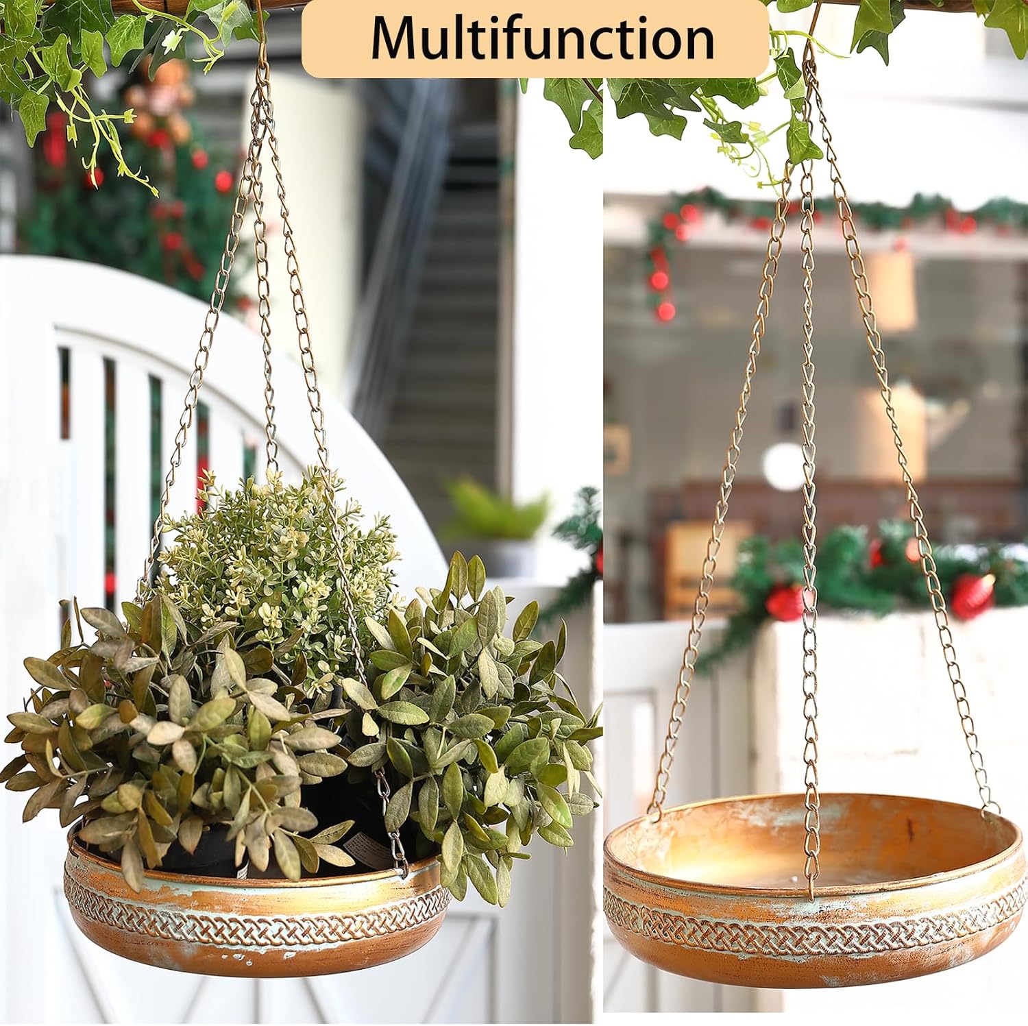 Metal Hanging Bird Bath for Outdoors, Antique Patina Hanging BirdBath 