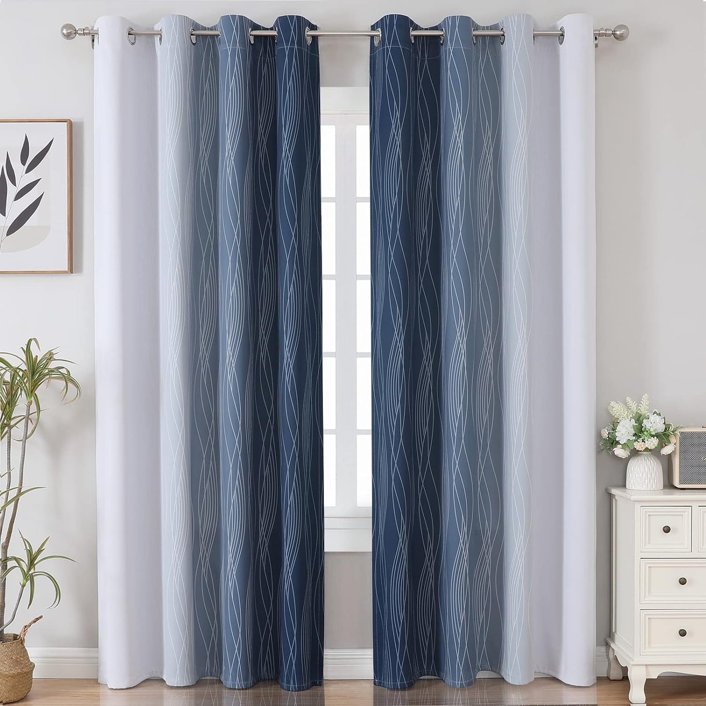 Estelar Textiler Navy Blue and Greyish White Blackout Curtains for Bedroom 84 Inches Long, Full Room Darkening Grommet Curtains for Living Room,Thermal Insulated Ombre Drapes,52Wx84L,2 Panels