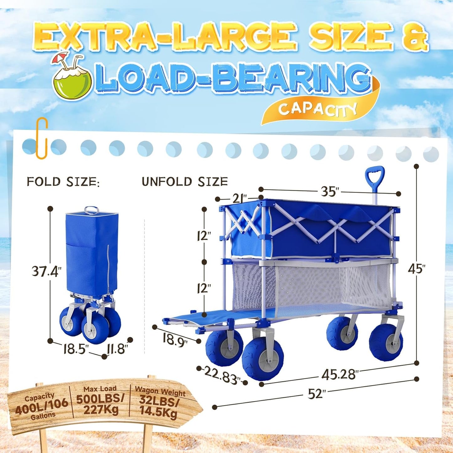 𝐔𝐩𝐠𝐫𝐚𝐝𝐞 Beach Wagon with Big Wheels for Sand, Double-Layer, 9" 