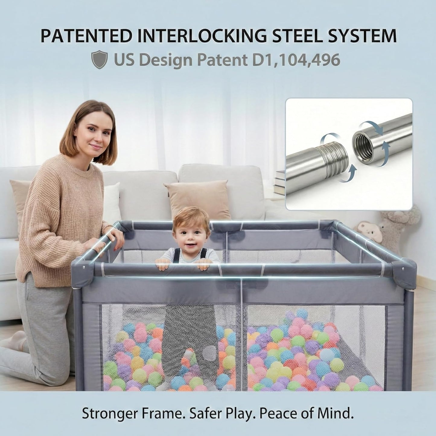 Orian Baby Playpen 50x50 Large Play Yard for Babies and Toddlers, Indoor Outdoor Playpen, Sturdy Baby Play Pen with Mesh Sides, Safe Baby Fence Play Area, Assembly Required/Not Portable, w Storage Bag
