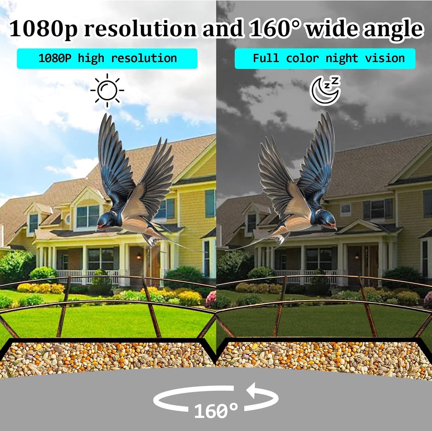 Smart Bird Feeder with Camera - AI Identify Birds, 1080P HD Auto Capture Videos, Instant Notification, Built-in Microphone, Solar Powered, Antique Gold