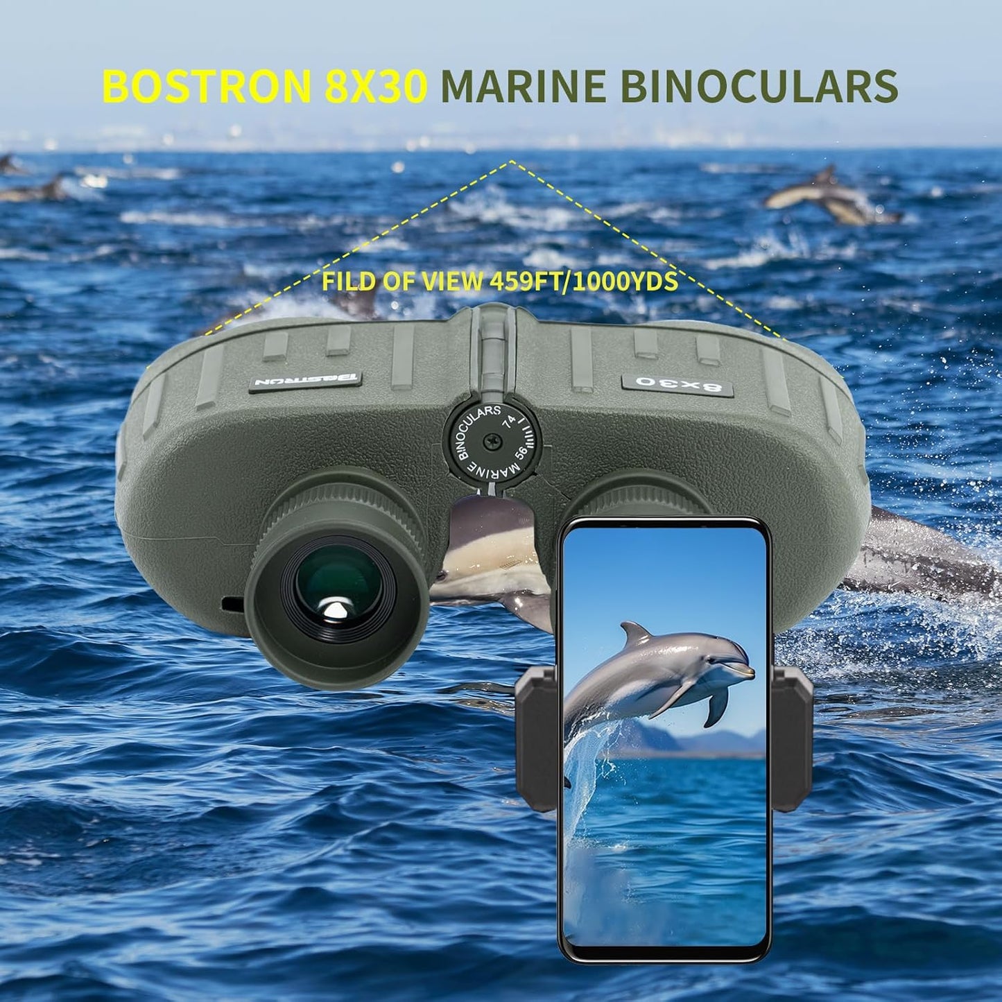 8X30 Marine Binoculars for Adults with Rangefinder Phone Adapter, Shockproof Military IPX7 Floating Waterproof Compact Binoculars with BAK4 Prism FMC Lens for Sailing Boating Navigation Bird Watching