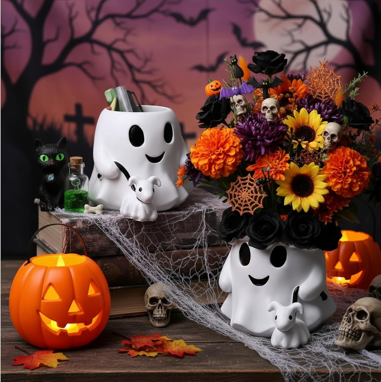 Chunful 2 Pcs 6 Inch Couple Ghost Pen Holder Ghost Buckets Desk Table Centerpieces Decor Resin Bucket Vase Planter Pot Gift for Indoor Outdoor Garden Home Table Decoration