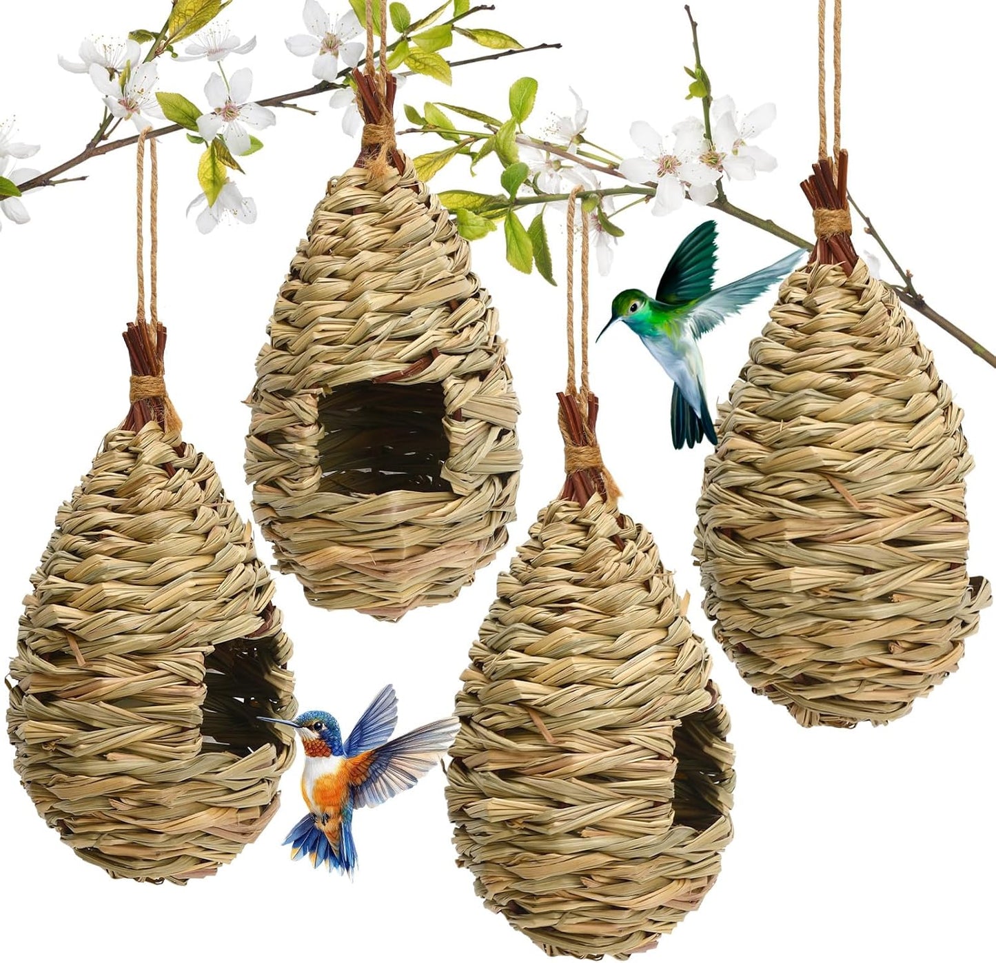 NOVWANG 4 Pieces Hummingbird Houses, Bird Nest with Hemp Rope Hand Wov
