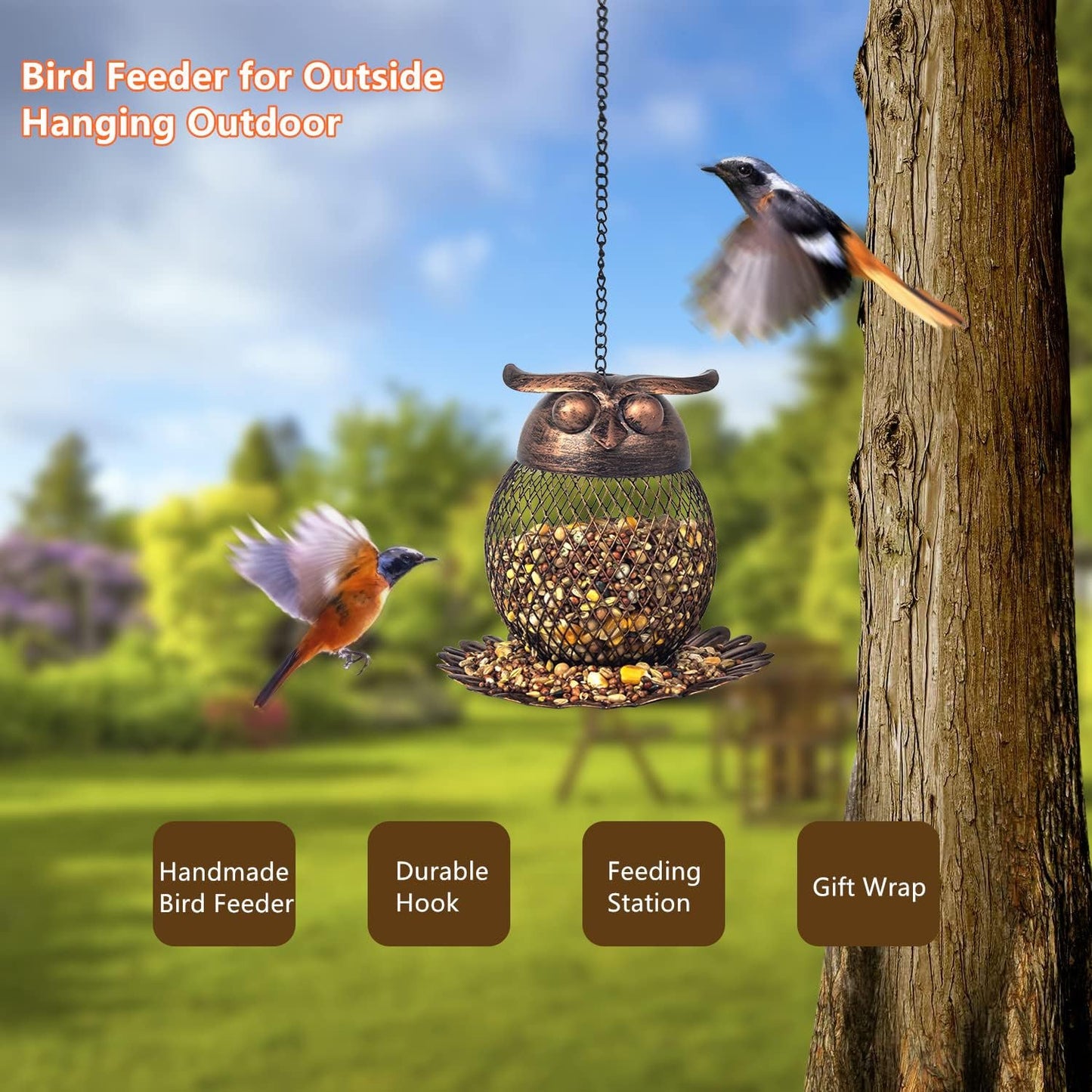 Outdoor Garden Wild Bird Feeder Hanging Bird Feeders, Heavy Duty Copper Metal Mesh Wild Finch Bird Feeder for Outside with Hook for Garden Yard Decor, Owl Shaped