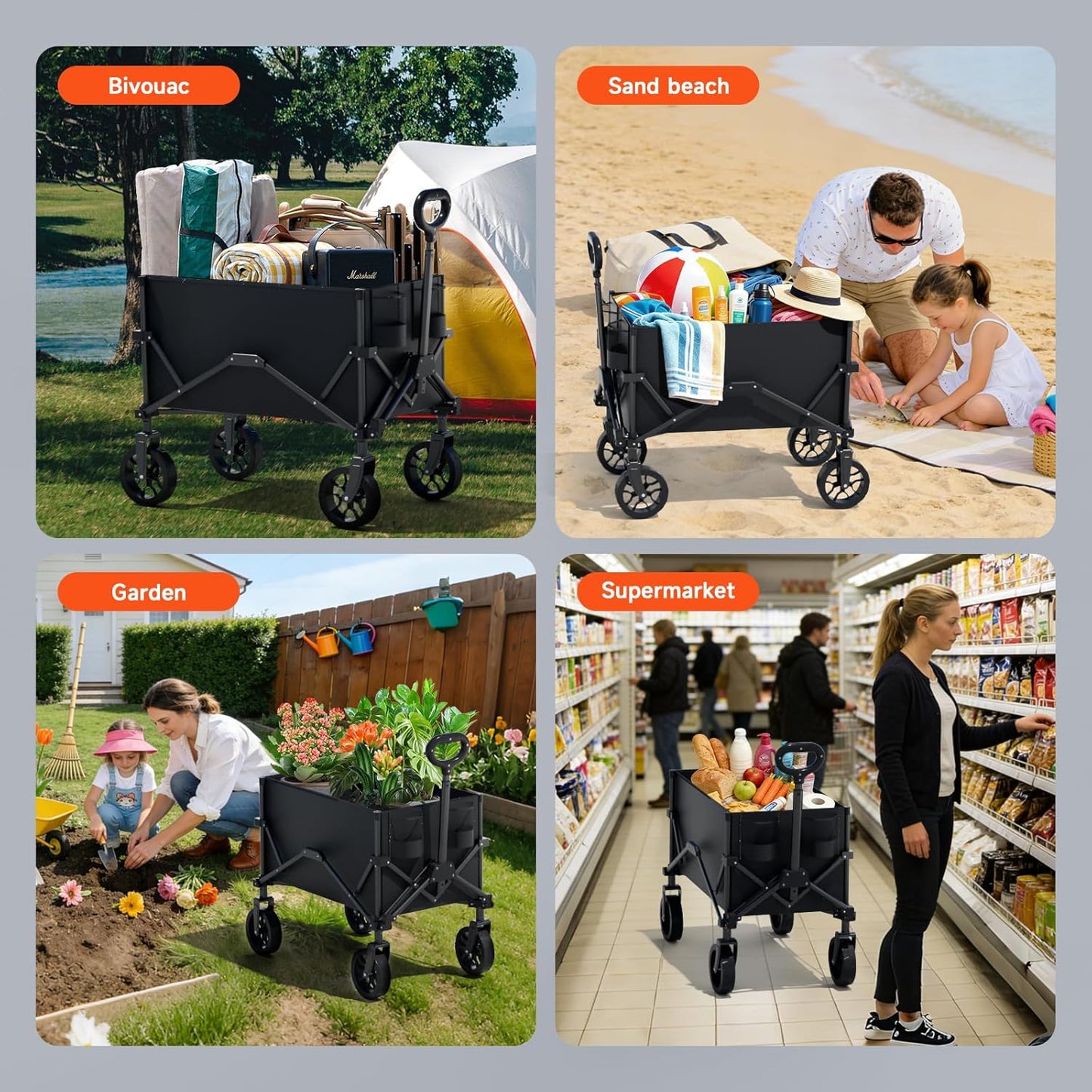 Collapsible Folding Wagon, Wagon Cart Heavy Duty Foldable with Two Drink Holders, Utility Grocery Wagon for Camping Shopping Sports