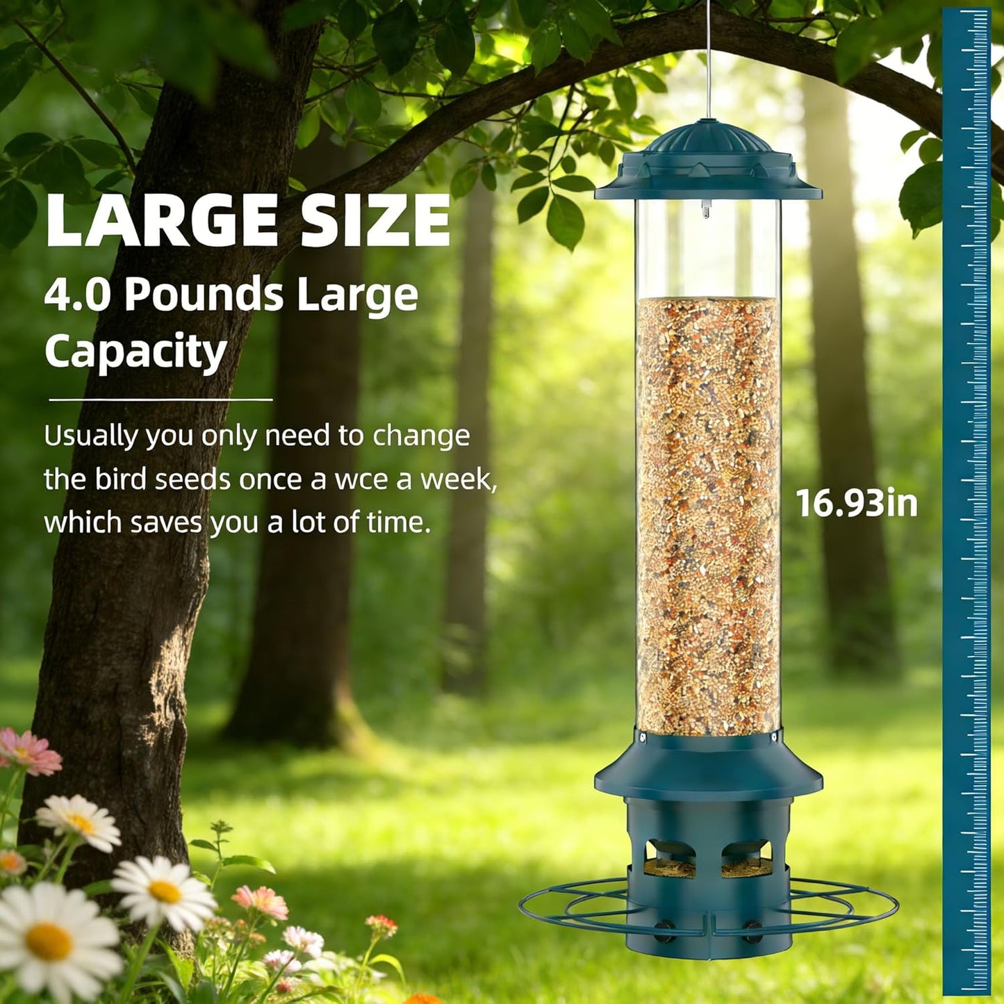 Metal Squirrel Proof Bird Feeders for Outdoors Hanging 4.0 LB Large Capacity,Easily Beat Squirrels,Easy to Clean and Fill,Waterproof,Attracting Finch,Cardinal,Chickadee and More